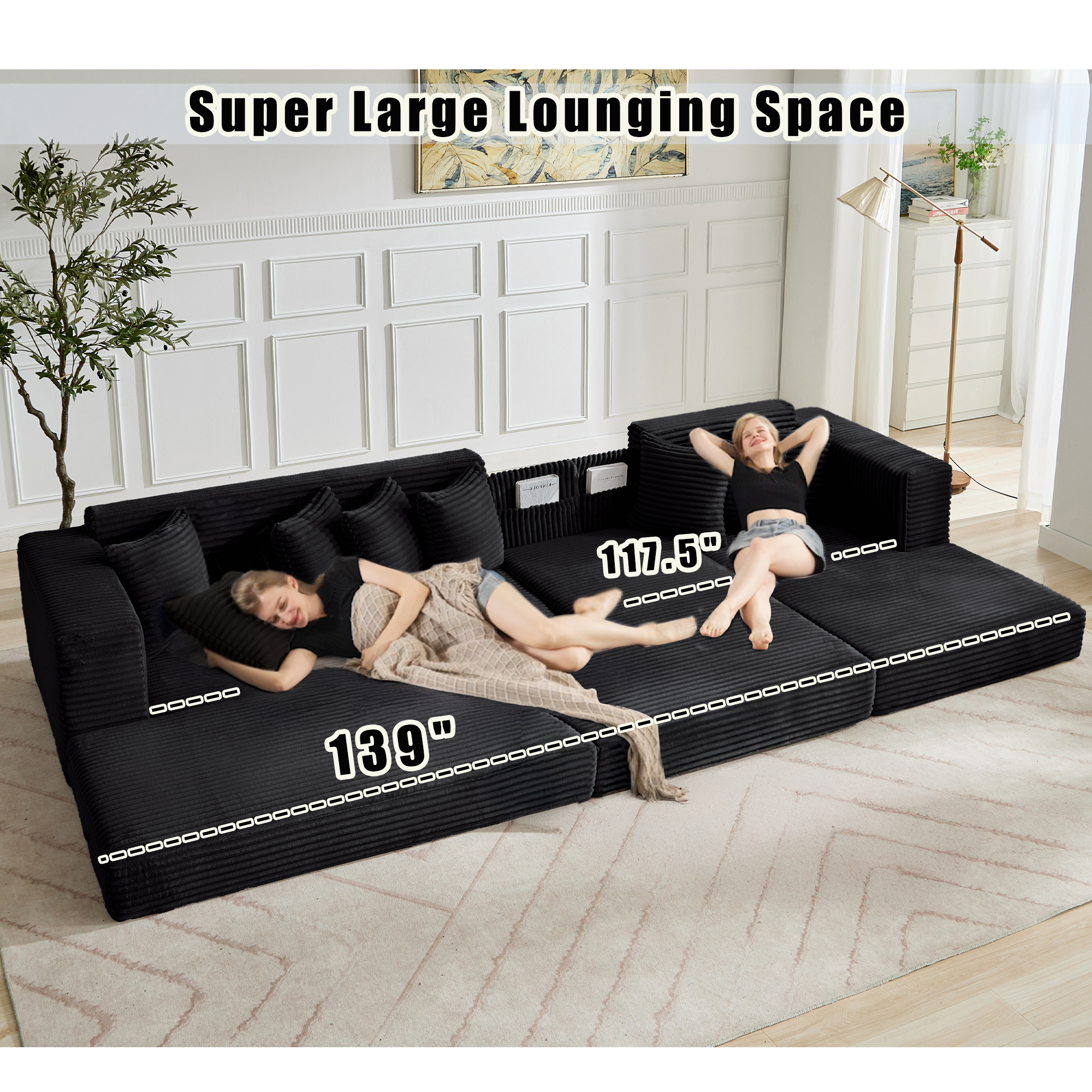 [NEW ARRIVED] [VIDEO PROVIDED] Oversize Cloud Sectional Couch, L-Shape Sofa, Convertible Floor Sleeper Sofa Bed, No Assembly,Eight pillows,3-in-1,Magazine bag,(Right Facing Sofa),3 Seat,Corduroy,Black
