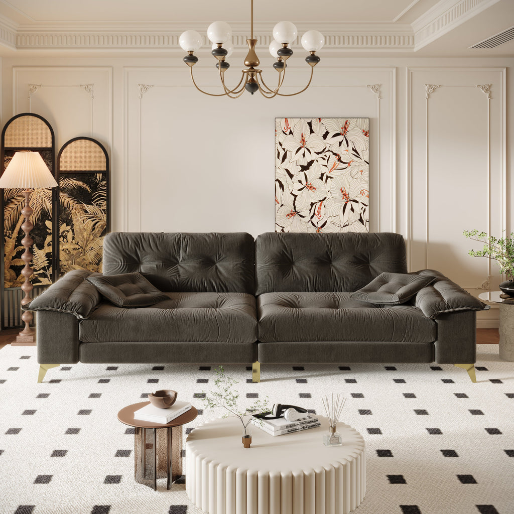 104.7 ' Modern 4-Seat Cloud Sofa with Wide Removable Armrests, Tufted Sofa with Metal Legs,Comfy Chenille Upholstered Couch with 2 Pillows for Living Room,Bedroom,Apartment, Office,Studio,Dark Gery