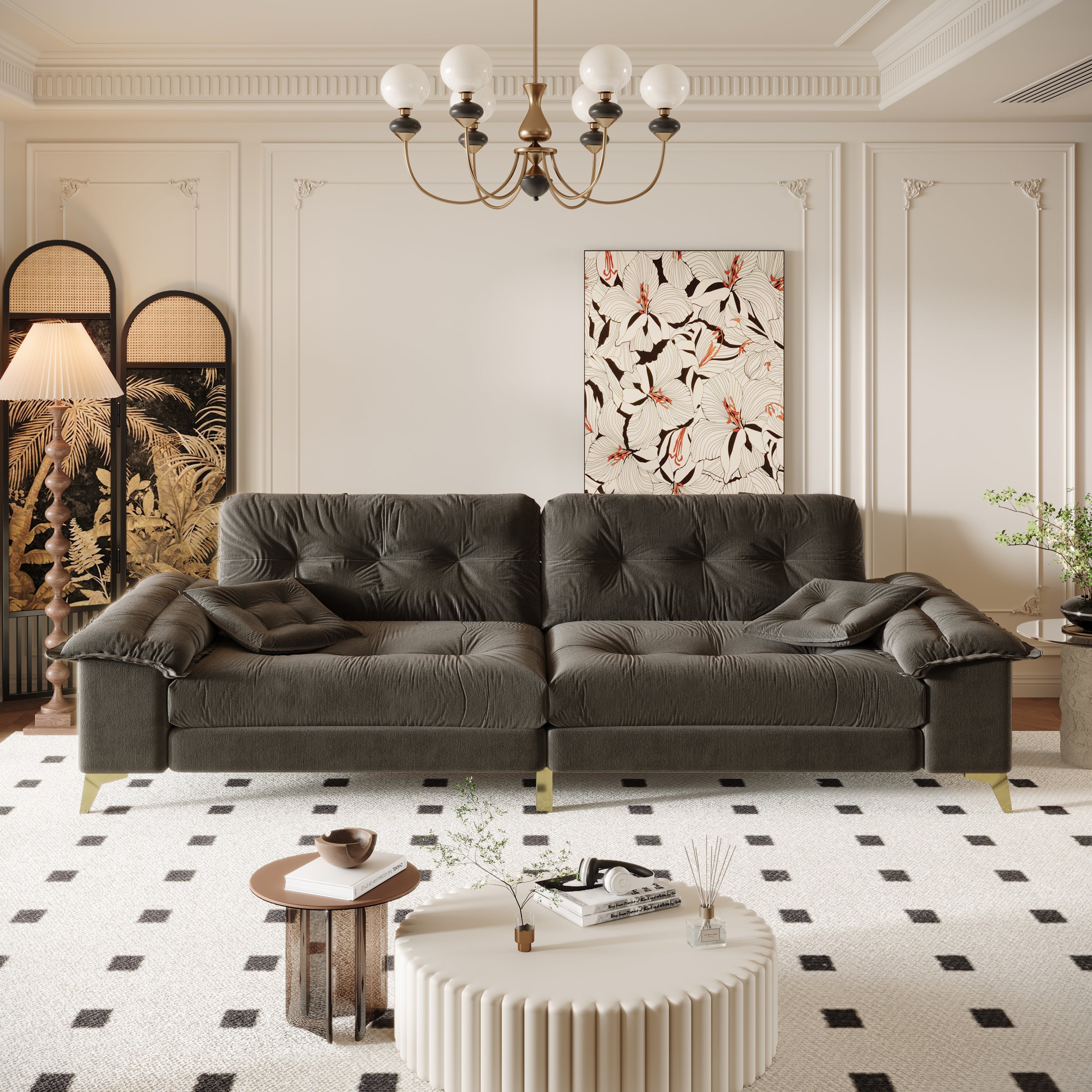 104.7 ' Modern 4-Seat Cloud Sofa with Wide Removable Armrests, Tufted Sofa with Metal Legs,Comfy Chenille Upholstered Couch with 2 Pillows for Living Room,Bedroom,Apartment, Office,Studio,Dark Gery