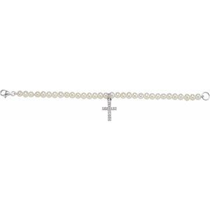 Sterling Silver Cultured White Freshwater Pearl & Imitation White Cubic Zirconia Cross 5 1/2" Bracelet – image 2