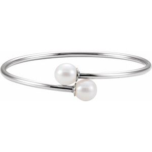 Sterling Silver Cultured White Freshwater Pearl Flexible Bangle Bracelet