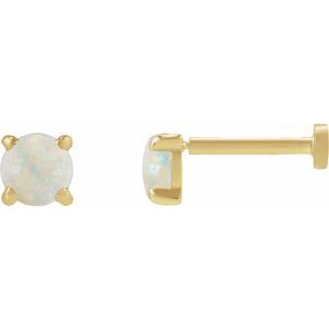 14K Yellow Gold Cabochon Natural White Opal Stud Earring