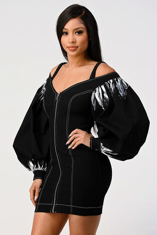 Denim black dye sleeve zip up dress