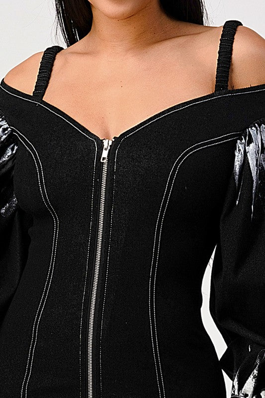 Denim black dye sleeve zip up dress