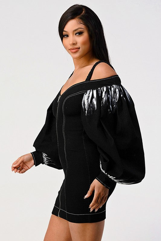Denim black dye sleeve zip up dress