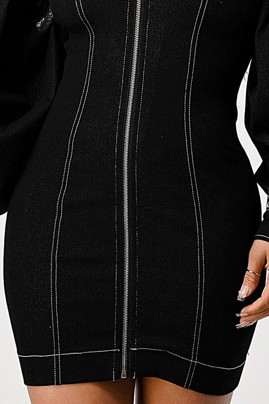 Denim black dye sleeve zip up dress