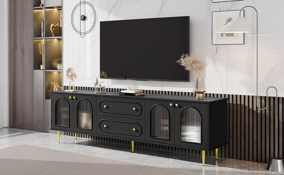 U-Can 78.7'' Modern TV Stand, TV Cabinet with Five Metal Legs and Metal Handles, 2 Drawers and 2 Cabinets with Fluted Glass Doors For Living room, Up to 80'' (Old SKU: SJ000122AAB)