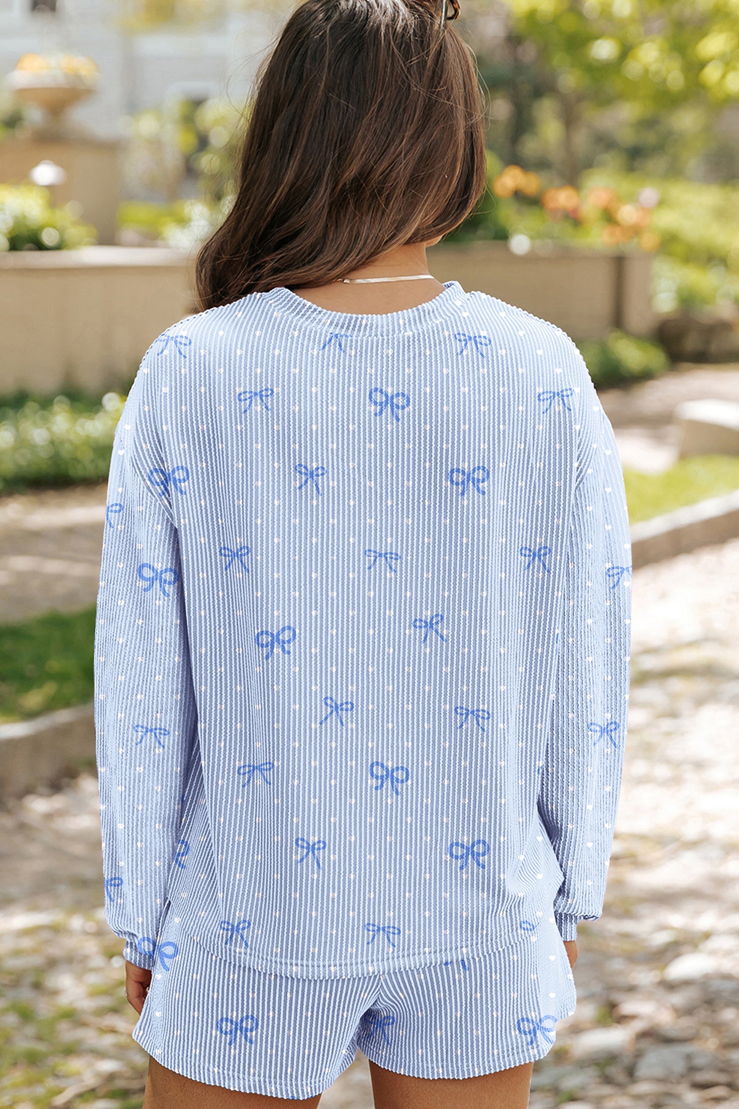Polka Dot Bow Corded Knit Top and Shorts Set