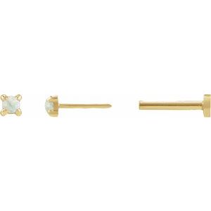 14K Yellow Gold Cabochon Natural White Opal Stud Earrings – image 3