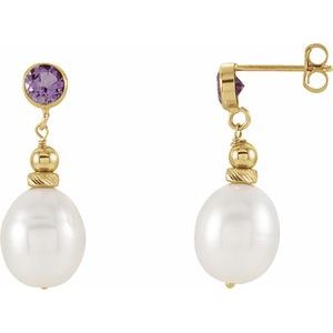14K Yellow Gold Cultured White Freshwater Pearl & Natural Amethyst Earrings