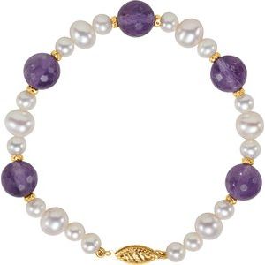 14K Yellow Gold Natural Amethyst & Cultured White Freshwater Pearl 7 1/2" Bracelet