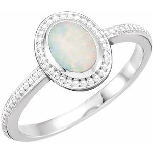 14K White Gold Natural White Opal Cobochon Ring