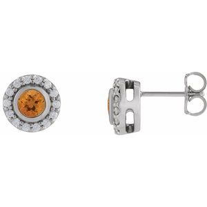 Sterling Silver Natural Citrine & 1/5 CTW Natural Diamond Halo-Style Stud Earrings