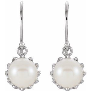 14K White Gold Cultured White Freshwater Pearl Crown Earrings