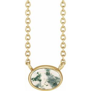 14K Yellow Gold Natural Moss Agate Cabochon 18" Necklace