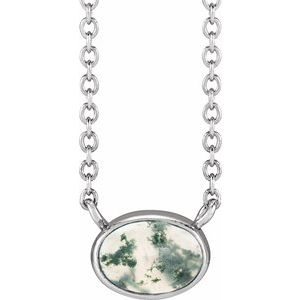 14K White Gold Natural Moss Agate Cabochon 18" Necklace