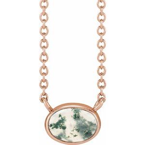 14K Rose Gold Natural Moss Agate Cabochon 18" Necklace