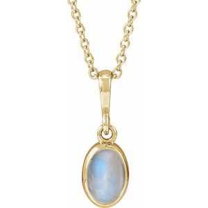 14K Yellow Gold Natural Rainbow Moonstone Cabochon Solitaire 16-18" Necklace