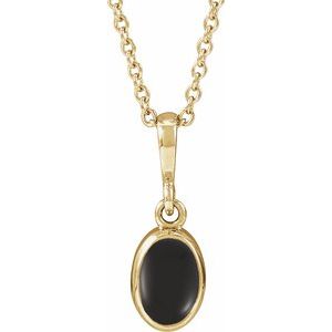 14K Yellow Gold Natural Black Onyx Cabochon Solitaire 16-18" Necklace