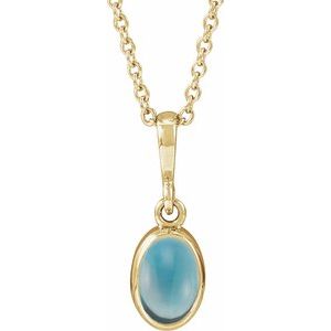 14K Yellow Gold Natural London Blue Topaz Cabochon Solitaire 16-18" Necklace