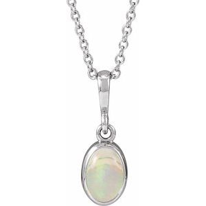 14K White Gold Lab-Grown White Opal Cabochon Solitaire 16-18" Necklace