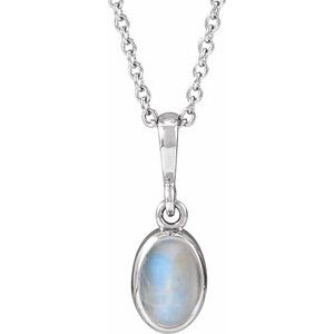 Sterling Silver Natural Rainbow Moonstone Cabochon Solitaire 16-18" Necklace