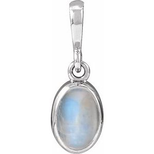 14K White Gold Natural Rainbow Moonstone Cabochon Solitaire Pendant