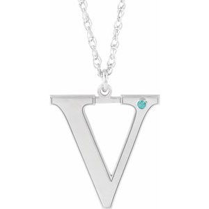 10K White Gold Engravable Imitation Blue Zircon Initial V 16" Necklace