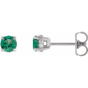 Sterling Silver Lab-Grown Emerald & .06 CTW Natural Diamond Semi-Set Hidden Halo-Style Stud Earrings