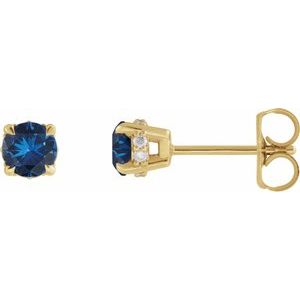 14K Yellow Gold Lab-Grown Blue Sapphire & .06 CTW Natural Diamond Semi-Set Hidden Halo-Style Stud Earrings