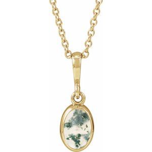 14K Yellow Gold Natural Moss Agate Cabochon Solitaire 16-18" Necklace