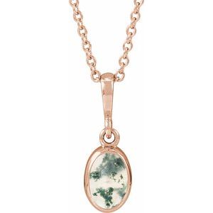 14K Rose Gold Natural Moss Agate Cabochon Solitaire 16-18" Necklace