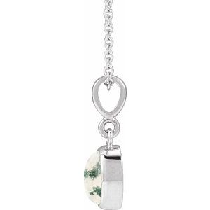 14K White Gold Natural Moss Agate Cabochon Solitaire 16-18" Necklace