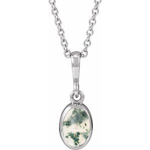 Sterling Silver Natural Moss Agate Cabochon Solitaire 16-18" Necklace
