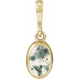 14K Yellow Gold Natural Moss Agate Cabochon Solitaire Pendant