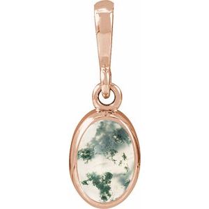14K Rose Gold Natural Moss Agate Cabochon Solitaire Pendant