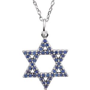 14K White Gold Natural Blue Sapphire Star of David 16" Necklace