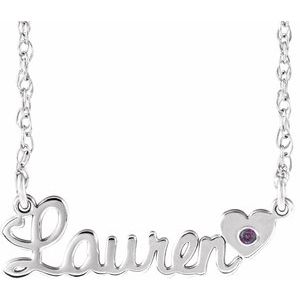 14K White Gold Imitation Alexandrite Script Single Name 18" Necklace