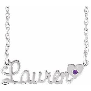 10K White Gold Imitation Amethyst Script Single Name 18" Necklace