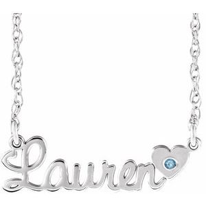 14K White Gold Imitation Aquamarine Script Single Name 16" Necklace