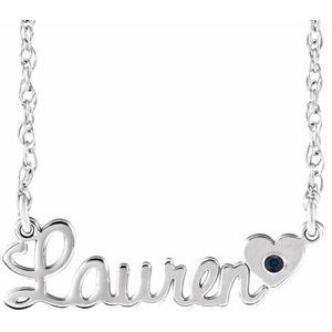 10K White Gold Imitation Blue Sapphire Script Single Name 16" Necklace