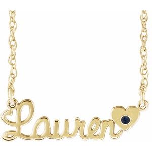 10K Yellow Gold Imitation Blue Sapphire Script Single Name 16" Necklace