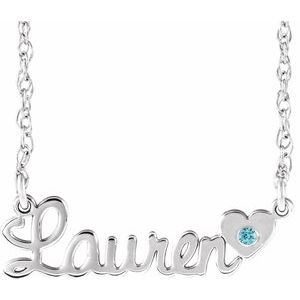Rhodium-Plated Sterling Silver Imitation Blue Zircon Script Single Name 16" Necklace