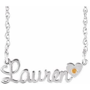 Rhodium-Plated Sterling Silver Imitation Citrine Script Single Name 16" Necklace