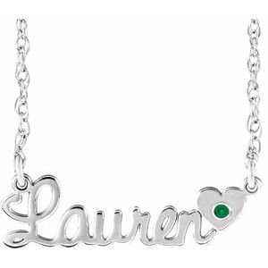 Rhodium-Plated Sterling Silver Imitation Emerald Script Single Name 18" Necklace