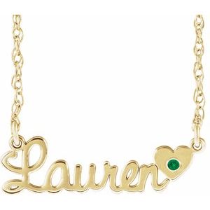 14K Yellow Gold Imitation Emerald Script Single Name 16" Necklace