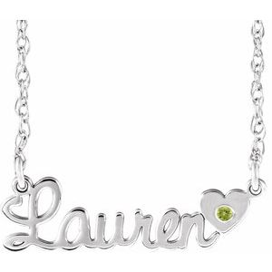 10K White Gold Imitation Peridot Script Single Name 16" Necklace