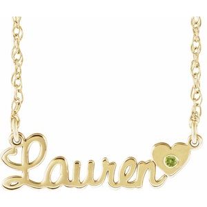 14K Yellow Gold Imitation Peridot Script Single Name 18" Necklace