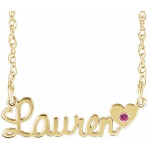 10K Yellow Gold Imitation Pink Tourmaline Script Single Name 16" Necklace