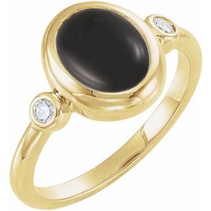14K Yellow Gold Natural Black Onyx & 1/8 CTW Natural Onyx Cabochon Ring